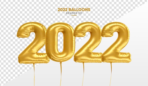 Gold 2022 new year balloon 3d rendering isolated on transparent background