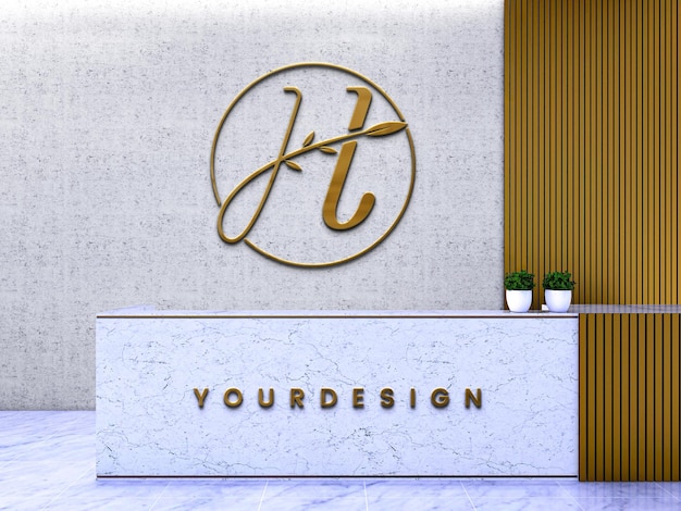 Gold 3d logo mockup on cement wall and reception desk marble