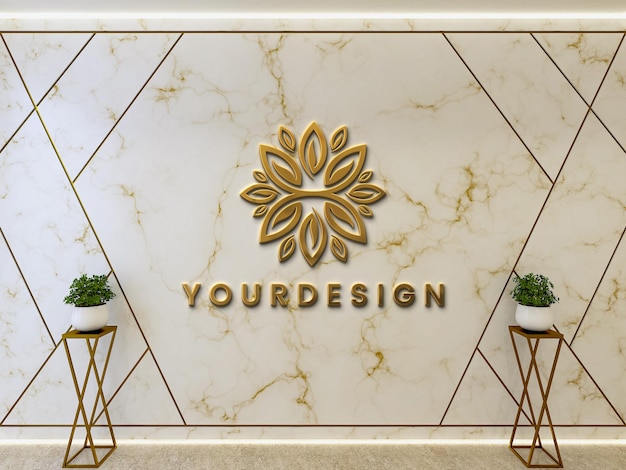 Mockup logo 3d oro su sfondo di lusso muro bianco marmo decorativo