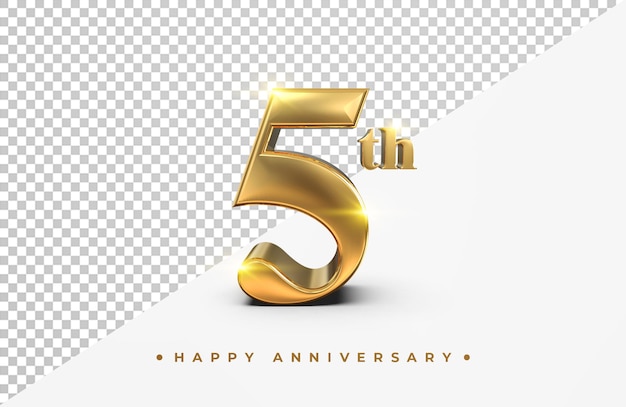 Oro 5 ° anniversario felice rendering 3d isolato