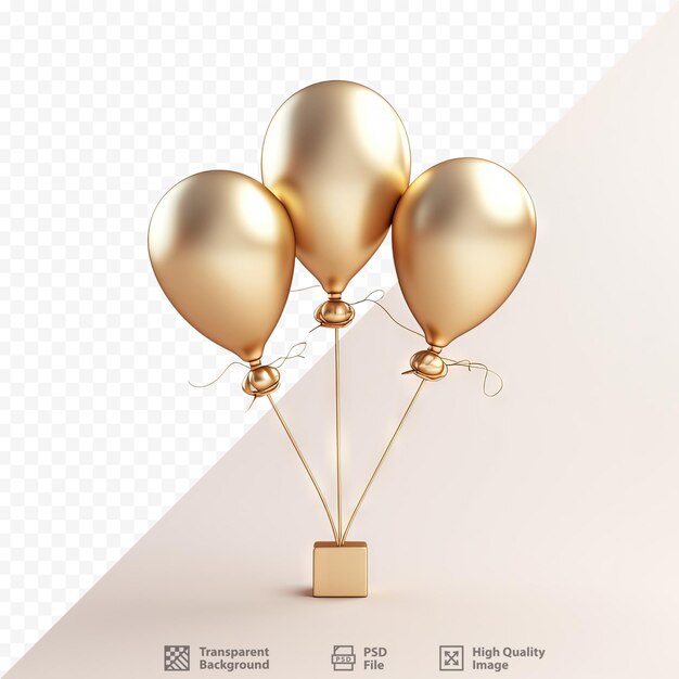 Gold balloon shaped like three map signs on stick isolated on transparent background with ribbon in ing