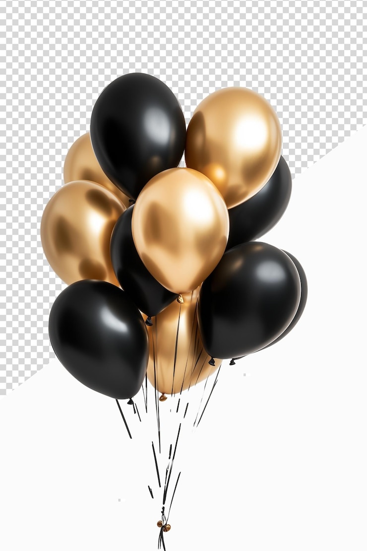 gold and black balloons for party celebrations with transparent background