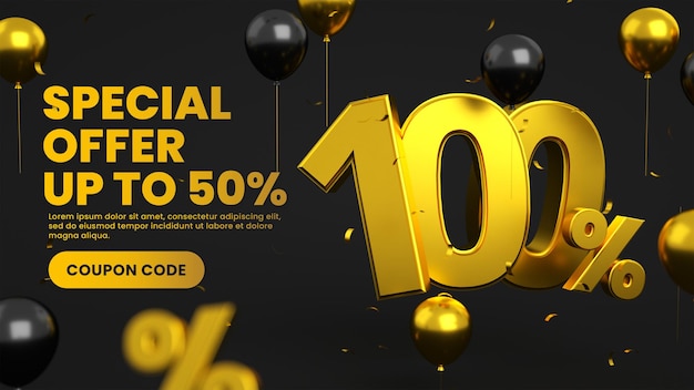 Gold and black big flash mega super sale post banner with 100 percent discount special offer