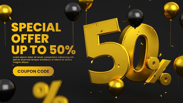 Gold and black big flash mega super sale post banner with 50 percent discount special offer