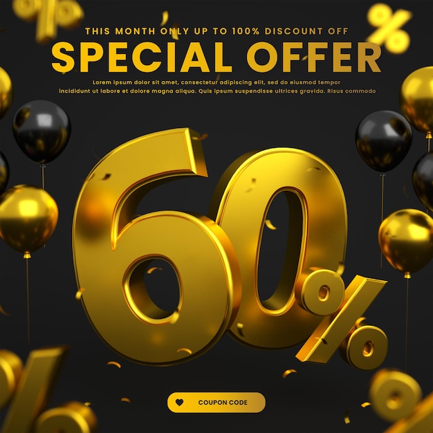 Gold and black big flash mega super sale post banner with 60 percent discount special offer