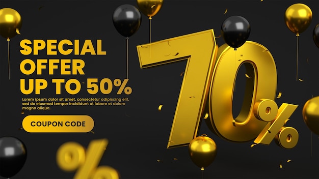 Gold and black big flash mega super sale post banner with 70 percent discount special offer