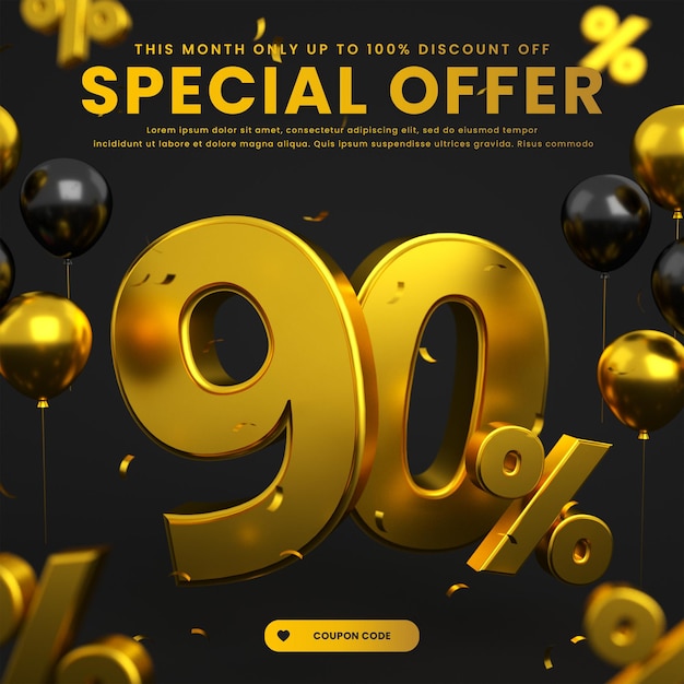 Gold and black big flash mega super sale post banner with 90 percent discount special offer