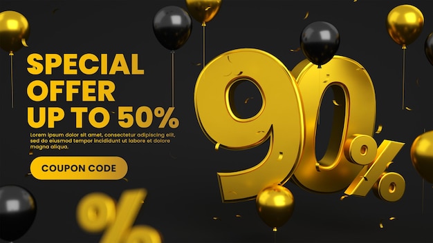 Gold and black big flash mega super sale post banner with 90 percent discount special offer