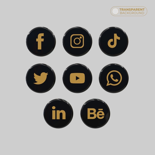 PSD logo dei social media di colore oro e nero in rendering 3d