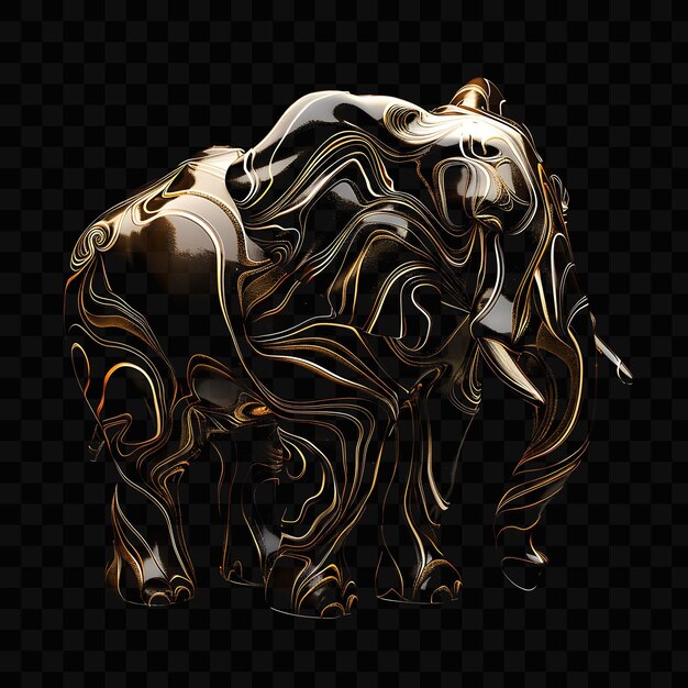 A gold and black sculpture of a cow with a black background