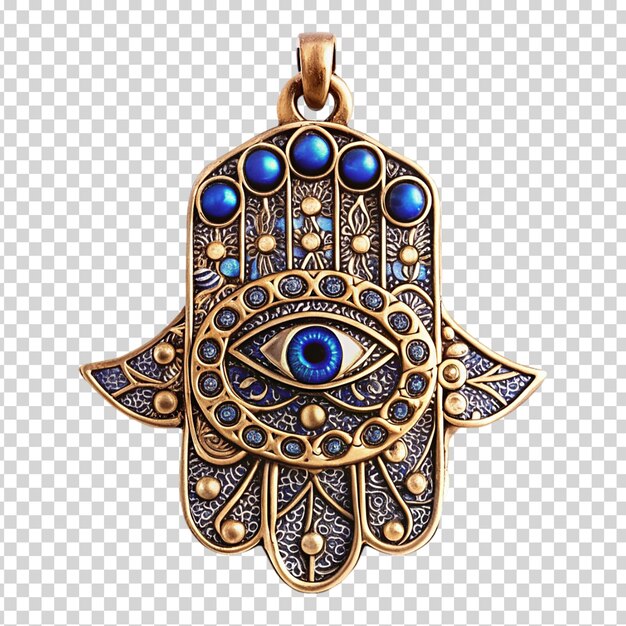 A gold and blue pendant in the shape of a hand on transparent background