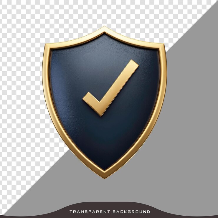 PSD gold bordered dark navy shield with a checkmark icon on transparent background
