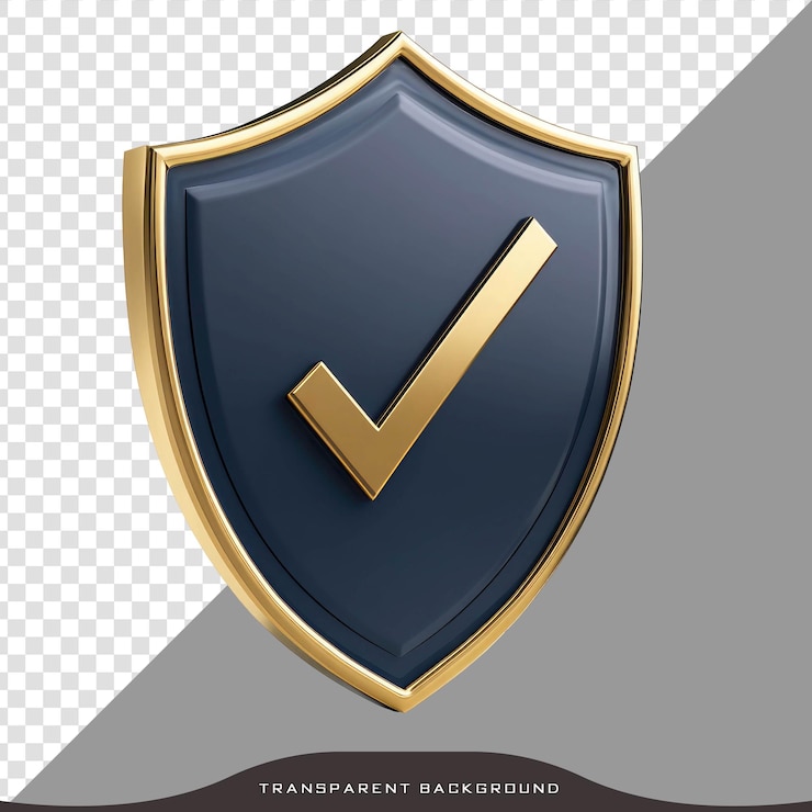 PSD gold bordered dark navy shield with a checkmark icon on transparent background