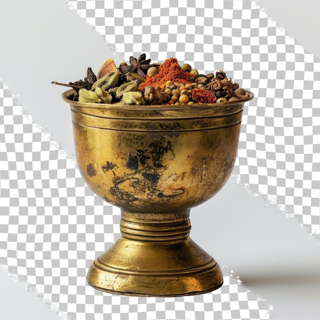 PSD a gold bowl of spices and herbs sits on a white background