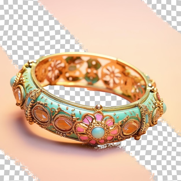 PSD a gold bracelet with flowers and a green and blue flower on it.