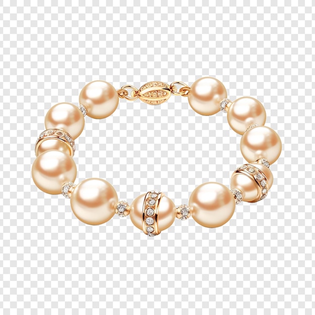 PSD gold bracelet with pearls and beads isolated on transparent background