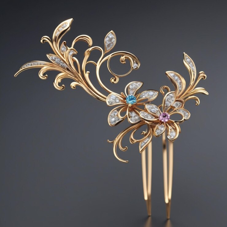 花のデザインが付いた金のブローチ