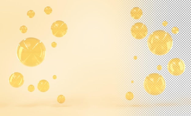 PSD gold bubbles of oil serum or yellow water drops on beige background 3d render abstract geometric spheres or balls clear liquid texture with empty place for display cosmetic product 3d illustration