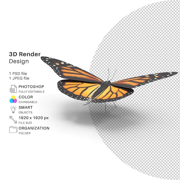 File psd di modellazione 3d della farfalla dorata farfalla realistica