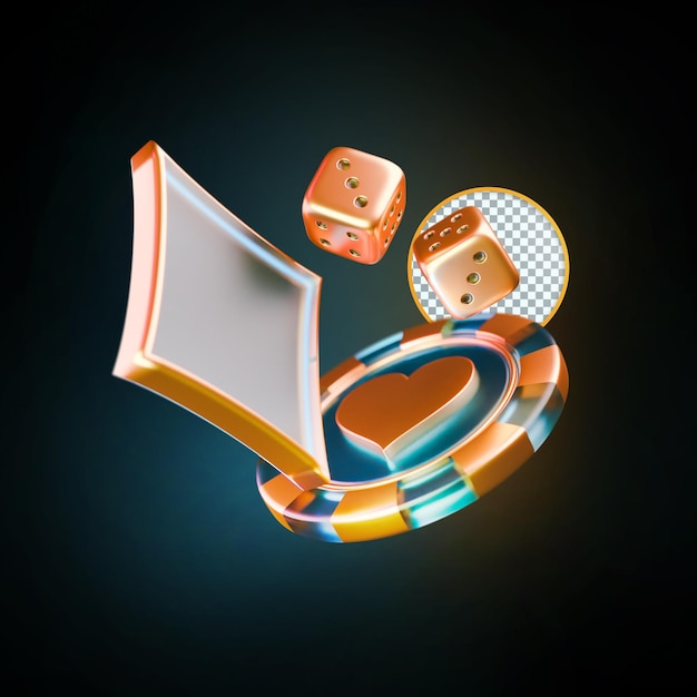 Gold chip and dice casino poker composition 3d render, элемент дизайна,