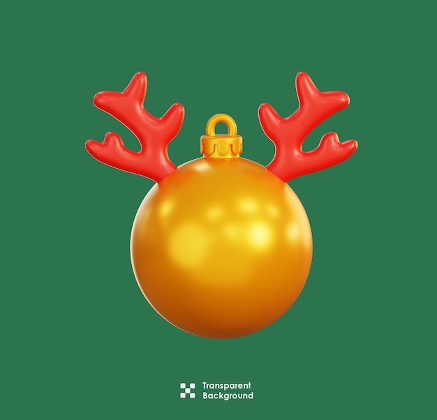 PSD gold christmas ball with deer antler isolated cartoon x'mas decoration icon 3d illustration