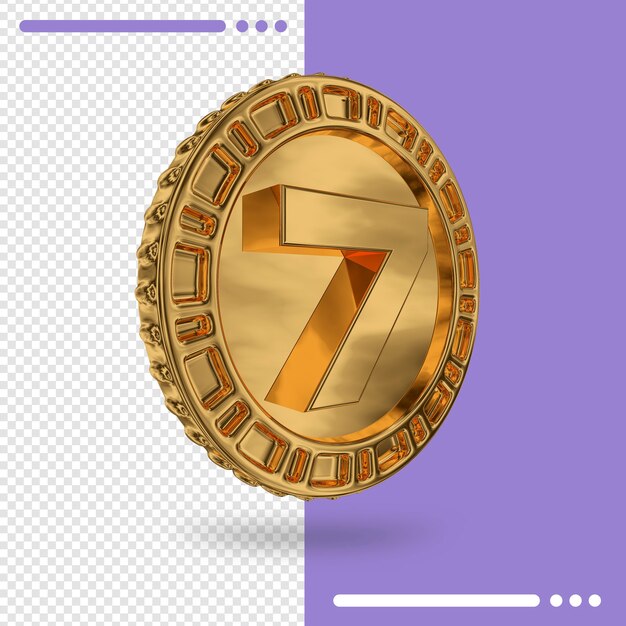 Moneta d'oro e numero 7 rendering 3d