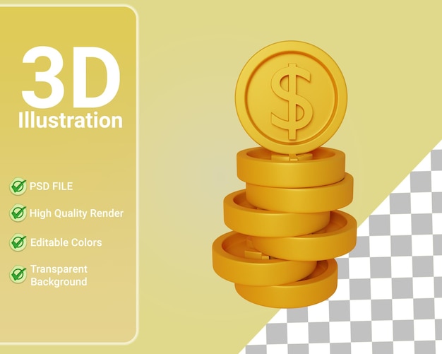 Gold Coins 3d, Dollar Isolated,3d Illustration