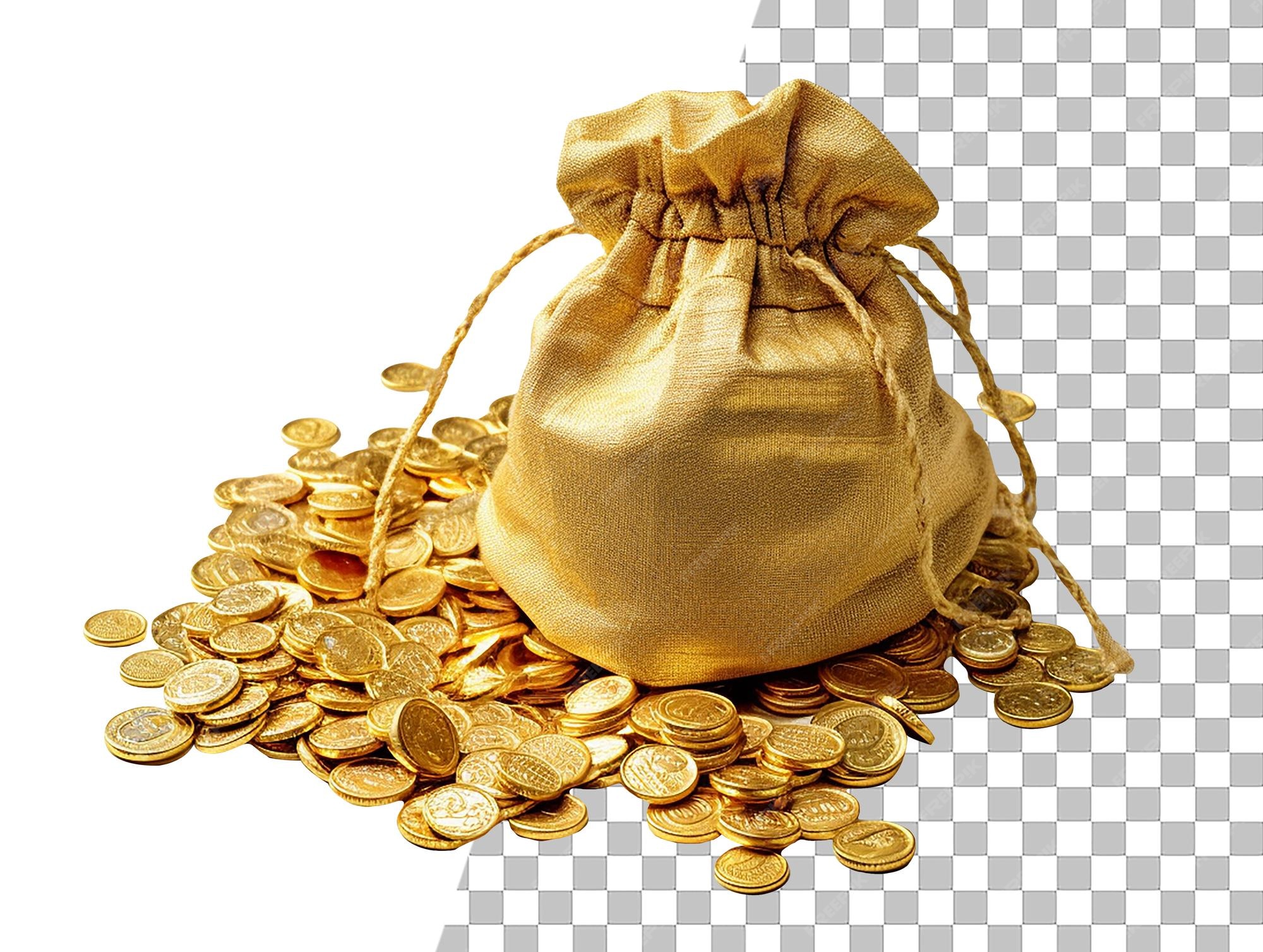 Premium PSD Gold coins and a bag of gold coins