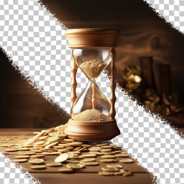 Золотые монеты, падающие с деревянных песочных часов на прозрачном фоне