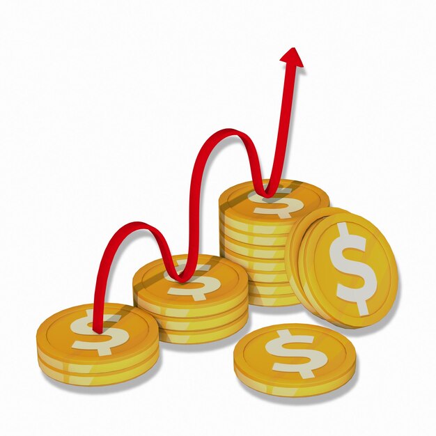 PSD gold coins money stack with red arrow