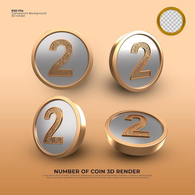 Gold coins number 2 3d render luxury style