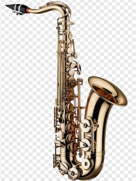 A gold colored saxophone with the words  trumpet  on it