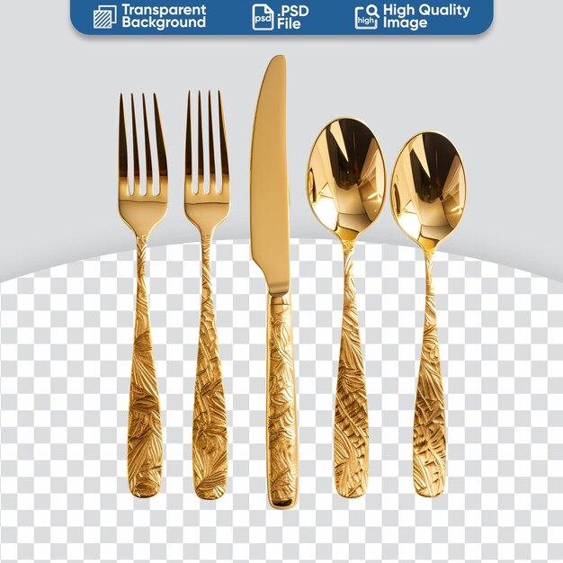 PSD gold cutlery set artwork design mockup template for spoon fork and knife