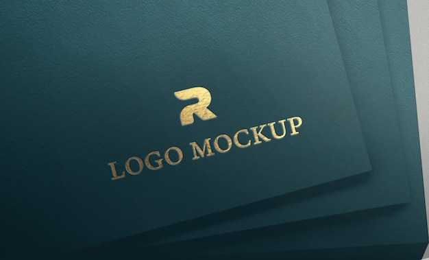 Gold debossed logo on cyan textured paper mockup