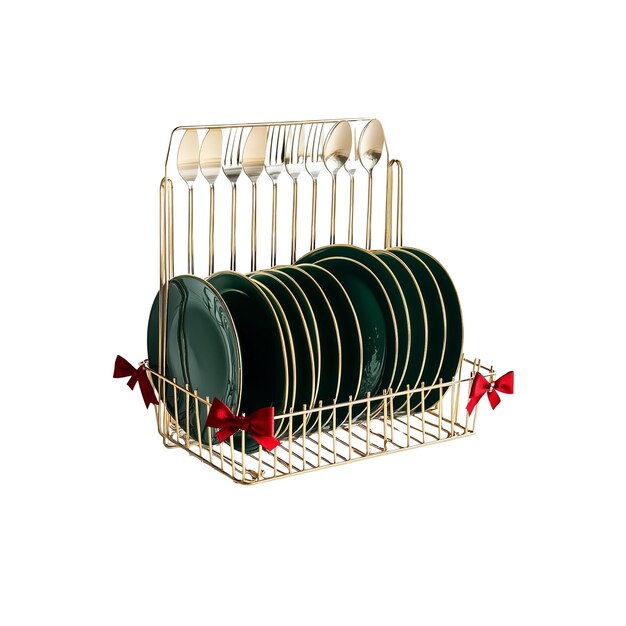 gold dish rack with green plates and red bows