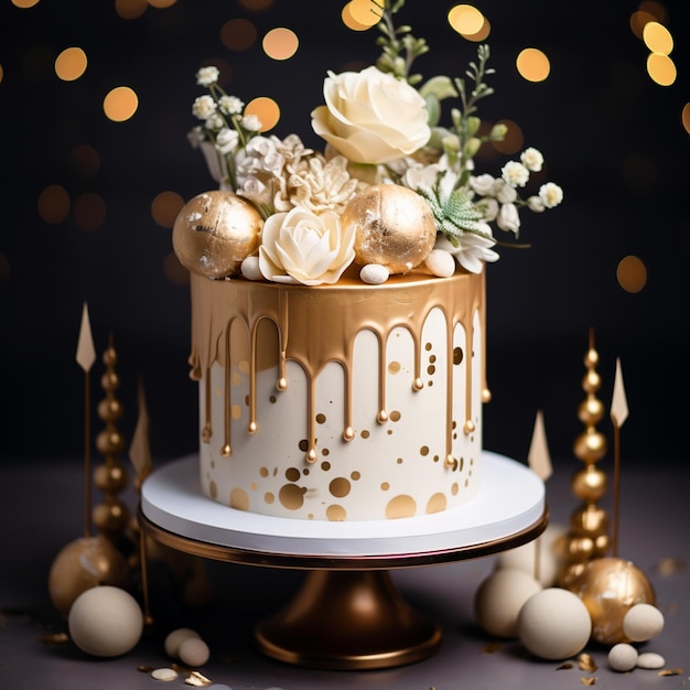Gold elements for birthday party and cake artificial intelligence generator