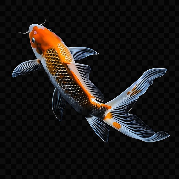 A gold fish with a white tail and a black background