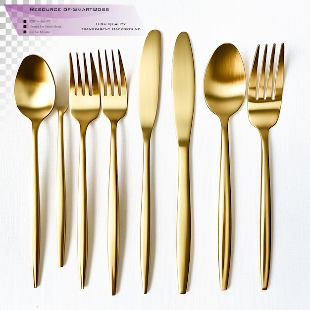 Gold flatware set with simple design featuring a fork knife and spoon on transparent background