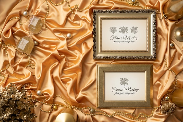 PSD gold frame mock-up with textile background