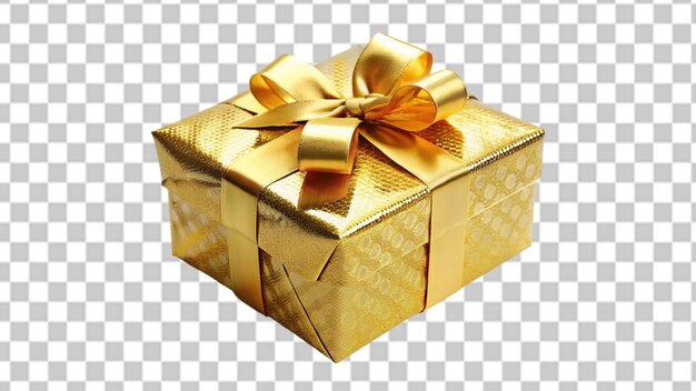 Gold gift box with ribbon isolated on transparent background