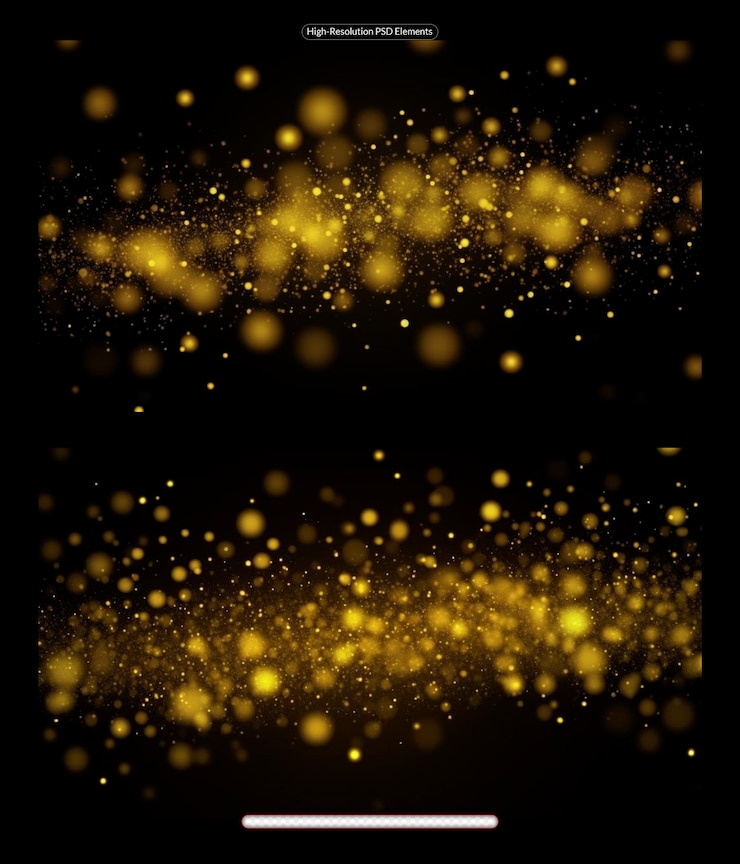 PSD gold glitter particles lights and bokeh on a black background