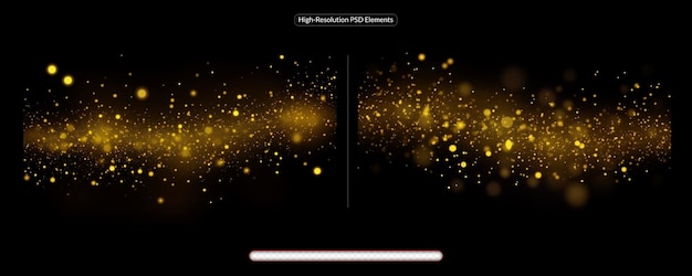 Luci e bokeh di particelle di luccichio dorato su uno sfondo nero