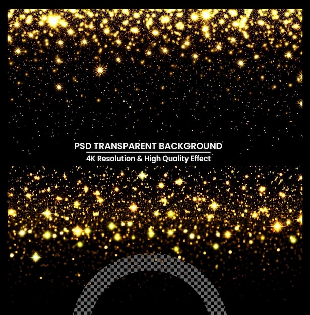 PSD gold glitter shiny holiday confetti with glow lights on black background