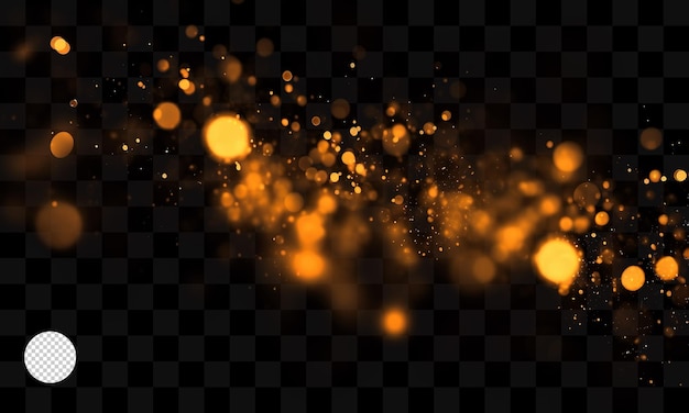 Gold glitters on a transparent background with a light effect