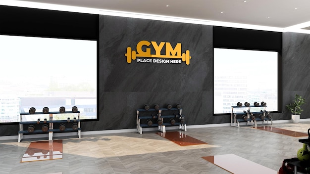 Золотой макет логотипа тренажерного зала в фитнес-зале
