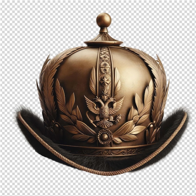 A gold helmet with a design on it is made by a company