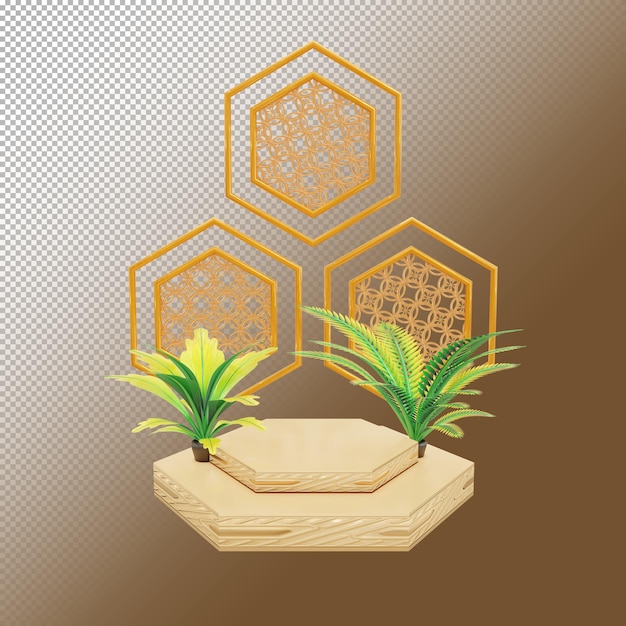 Золотой подиум шестиугольной формы с домашним растением в 3d рендеринге