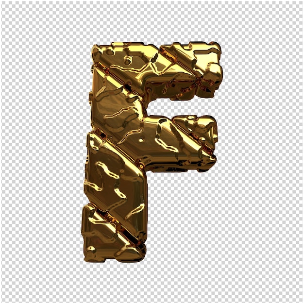 PSD gold letters from unpolished diagonal bars. 3d letter f