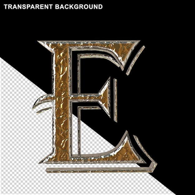 Gold letters in a silver setting letter e