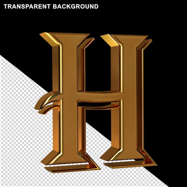 Gold letters view from left. 3d letter h